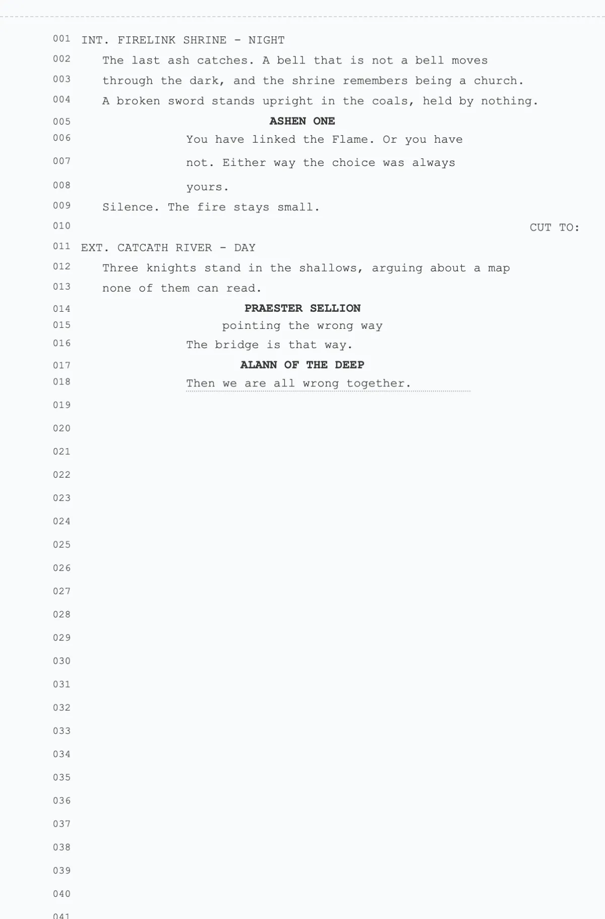 A single blank screenplay page in Write Mode with numbered rows and the dotted row-length guide